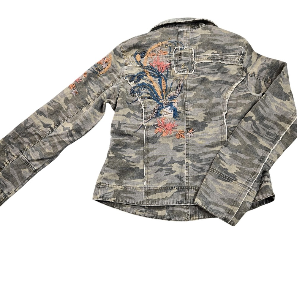 Passport Jacket Womens Large Green Camo Embroidered Floral Military Button Front